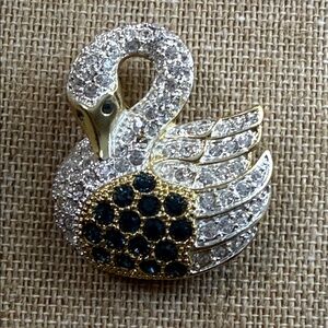 Gold & Silver Swan Brooch with Blue Crystal Accents